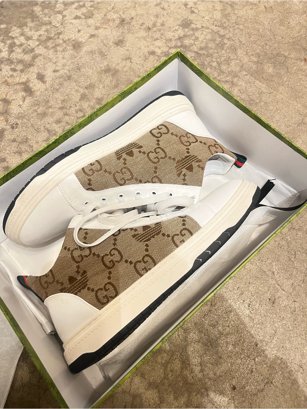 Gucci Men’s Brown GG Canvas High-Top Sneakers with White Trim size 9 US UK 8.5